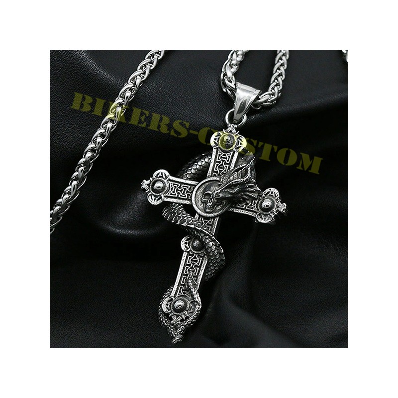 Bikers-Custom : collier avec pendentif croix et dragon