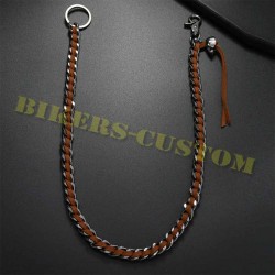 Bikers-Custom : Chaîne portefeuille mailles plates chrome et cuir marron