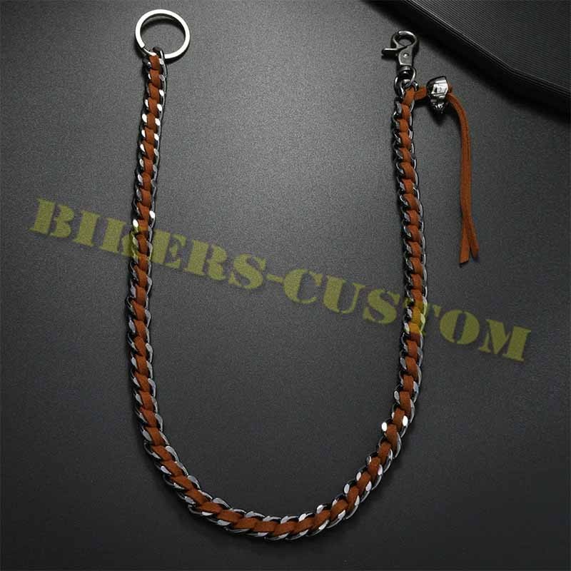 Bikers-Custom : Chaîne portefeuille mailles plates chrome et cuir marron