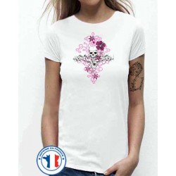 Bikers-Custom : T shirt femme skull flowers