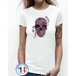 Bikers-Custom : T shirt femme flower skull butterflies