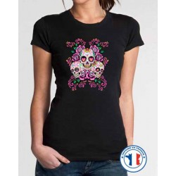 Bikers-Custom : T shirt femme three skulls fluo