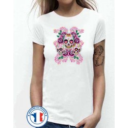 Bikers-Custom : T shirt femme three skulls fluo