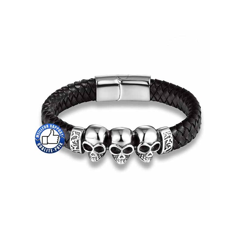 Bikers-Custom : Bracelet cuir 3 skulls