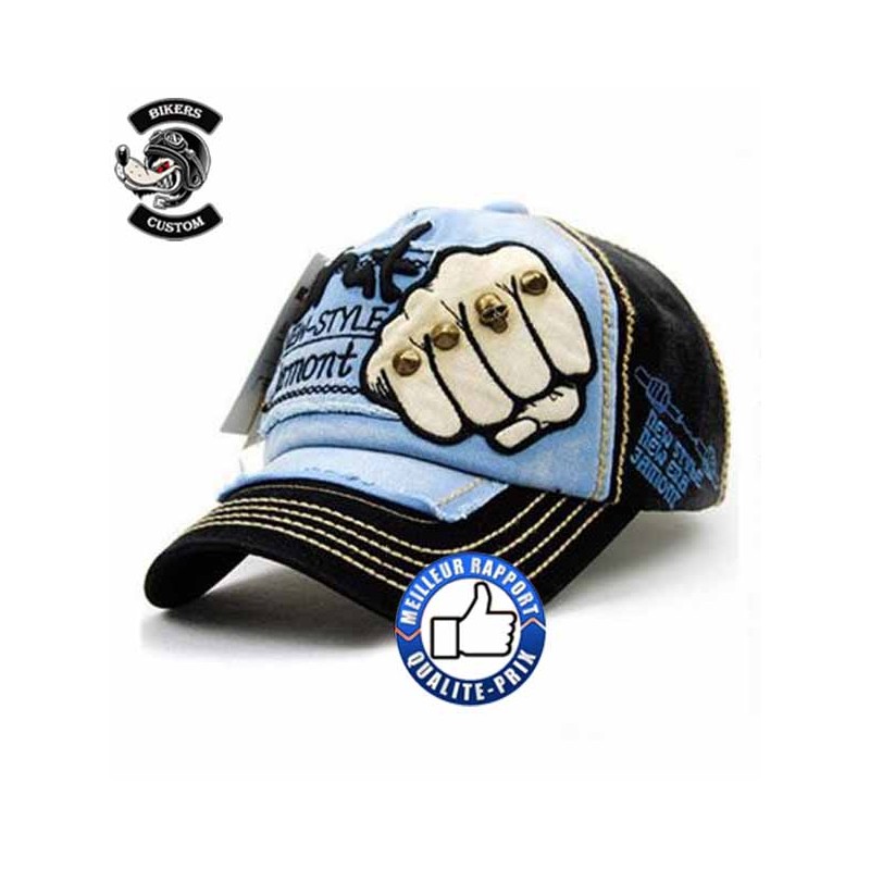 Bikers-Custom : Casquette biker style vintage bleu ciel et noir