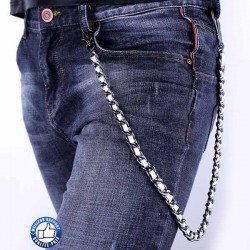 Bikers-Custom : Chaîne portefeuille mailles chrome et cuir blanc