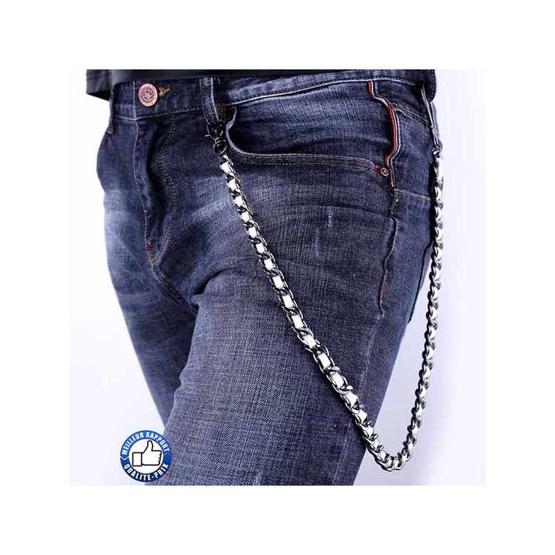 Bikers-Custom : Chaîne portefeuille mailles chrome et cuir blanc