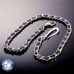 Chaîne portefeuille mailles chrome et cuir noir