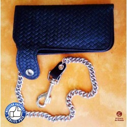 Portefeuille cuir noir tressé, grand format
